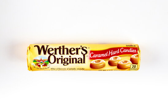 May 4, 2021. New York. Werthers Original classic caramel hard candy on white isolated background.