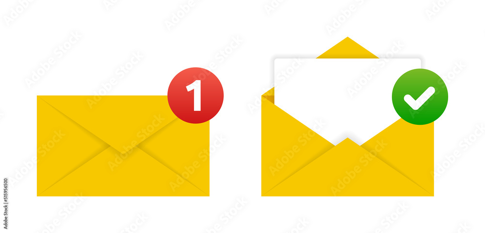 Poster Email notification icon illustration with unread letter envelope and open mail message with checkmark symbol.
