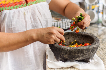 Unrecognizable woman making a traditional mexican sauce in a molcajete