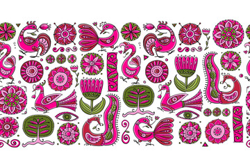 Magic birds and flowers. Vintage seamless pattern background for your design