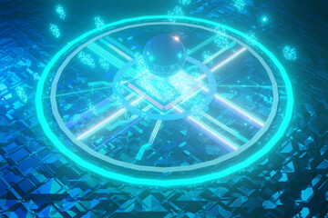 turned quantum cube on CPU and microchip . Central Computer Processors CPU. ic. Quantum computer. CPU Chip on Motherboard. Illuminated blue background. ic chip. many particles.