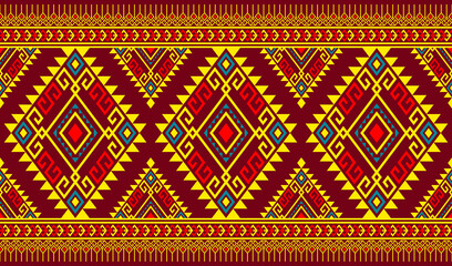 Red Yellow Green Symmetry Geometric Ethnic Seamless Pattern on Red Background