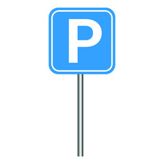 blue parking sign with pole. traffic sign vector illustration
