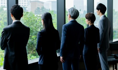 Fototapeta premium 窓を見る5人のビジネスマン