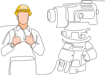 Close up of young Caucasian worker with helmet on head using tablet for work while standing in warehouse. Surveyor with a tripod icon. Geodesic tripod. Vector illustration