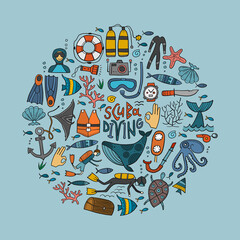 Scuba Diving icons set. Underwater activity design elements. Summer vacation concept, marine icons. Diving equipment, hand drawing style