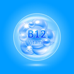 Vitamin B12 complex inside translucent air bubbles. Hyaluronic acid skin collagen serum. Beauty treatment nutrition skin care design. Medical scientific concepts. Isolated on blue background. Vector.