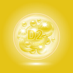 Vitamin D2 complex inside translucent air bubbles. Hyaluronic acid skin collagen serum. Beauty treatment nutrition skin care design. Medical scientific concepts. Isolated on yellow background. Vector.