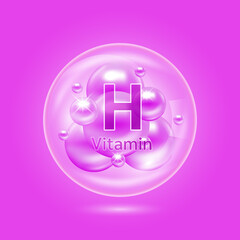 Vitamin H complex inside translucent air bubbles. Hyaluronic acid skin collagen serum. Beauty treatment nutrition skin care design. Medical scientific concepts. Isolated on purple background. Vector.