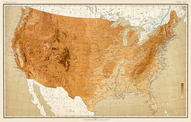 Restored, enhanced reproduction of an old map: United States Relief Map 1890. Shows the nation near the end of the 19th century. 