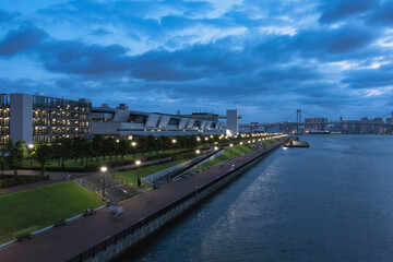 A wide shot of Toyosu Market Fisheries Intermediate Wholesale Market and Toyosu Gururi Park with...