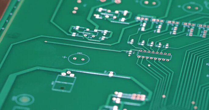 Conveyor and electronic printed circuit board moving on an it. Manufacturing of microcircuits and microprocessors. Transistors are installed on a green board. The concept of production of electronic