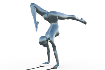 3D render of a silver bald female gymnast on a white background doing a handstand. 
