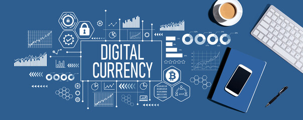 Digital currency theme with a computer keyboard and office items