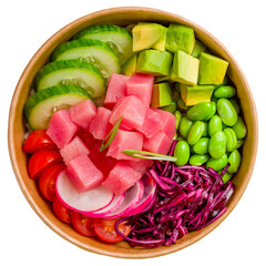 Ahi poke with tuna, avocado, edamame, cabbage and cucumber top view isolated on white background