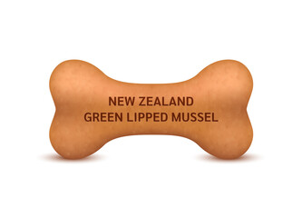 Bone shaped dry food for cats and dogs with New Zealand Green Lipped Mussel dietary supplement bones canine arthritis osteoarthritis. Can use advertising pet food. On a white background vector 3D.