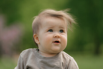 A close portrait of a kind 7-month child who is playing in the meadow. An infant girl is crawling on the grass.