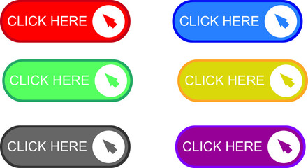 Click here button with arrow pointer clicking icon. Click here vector web button. Web button with action of arrow pointer. Click here, UI button concept