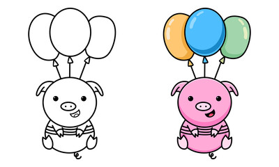 Cute pig flying with balloon coloring page for kids
