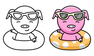 Cute pig with swimming tires coloring page for kids