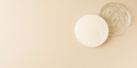 Samples of powder and live collagen on beige background close upper view. Copy space