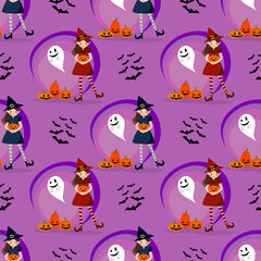 Materiał do szycia Cute Witch in Halloween Seamless Pattern