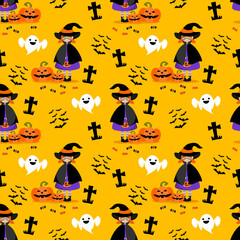 Materiał do szycia Cute Witch in Halloween Seamless Pattern