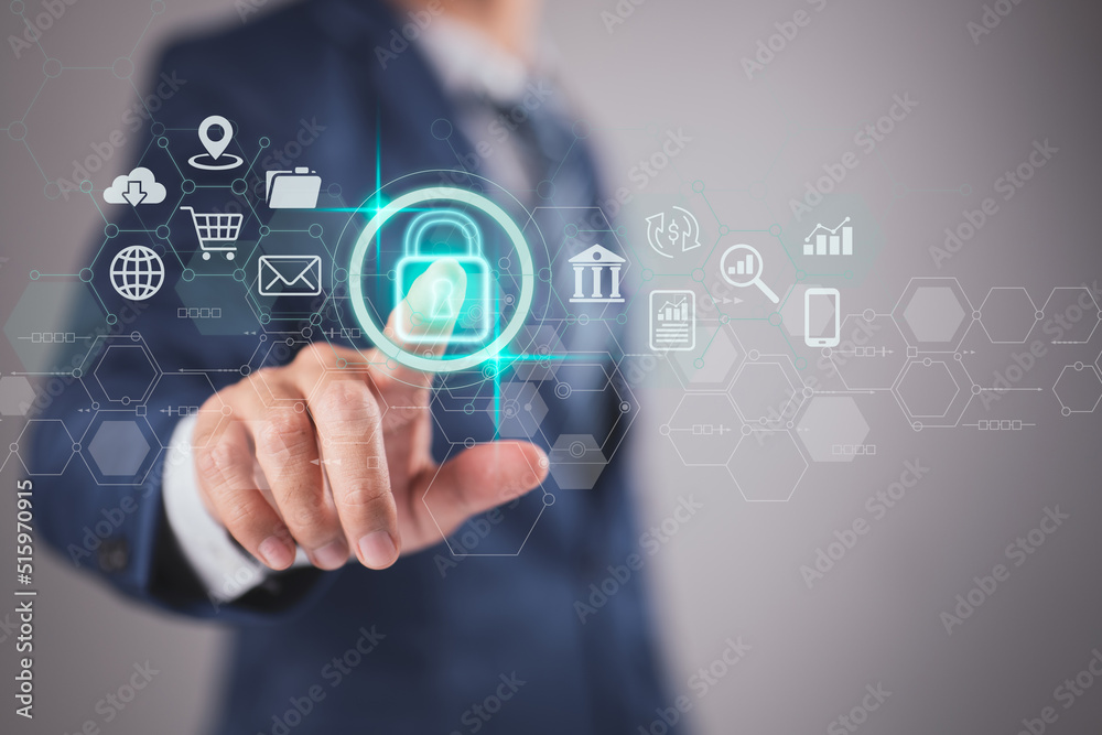 Poster Data security and privacy ideas. Internet network security technologies and the lock symbol. Businessman uses virtual screen interfaces to secure sensitive data.