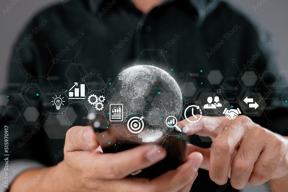 Aufkleber A businessman using a mobile smartphone. Financial and banking, digital link technology, and big data are examples of business global internet connection application technology and digital marketing.