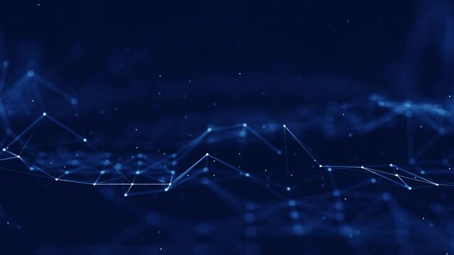 digital technology abstract concept and online cybersecurity data protection. Slow moving polygon internet communication network connection with dark blue background, front focus blur back. big data.