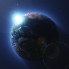 Fototapeta na wymiar Star sunrise over planet in open space, sun over earth from orbit, 3d rendering