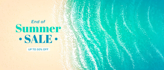 Summer sale horizontal banner. Vector beautiful realistic top view illustration of sandy summer beach - obrazy, fototapety, plakaty