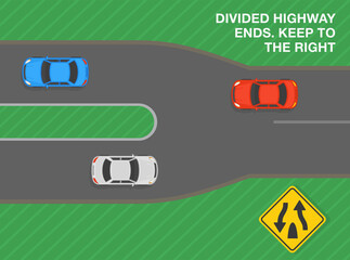 Safe driving tips and traffic regulation rules. Divided highway ends, keep to the right. Road sign meaning. Top view of a city road. Flat vector illustration template.