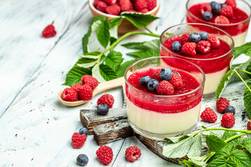 Berry dessert with cream sauce in small jars. Italian dessert. Raspberry Panna cotta with raspberry jelly on a light background. place for text, top view