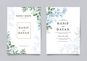 Elegant double sided wedding invitation with blue watercolor floral