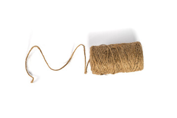 Top view of a skein with an isolated thread on a white background. Flat lay.