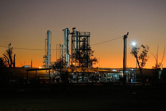 Sunrise at an Outback Australian Oil Refinery, remote western Queensland.
