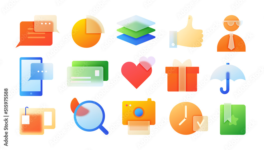 Poster Gradient glass morphism icons. Modern app symbols with blur effect. Colorful and transparent website elements. Interface signs. Digital technology and chatting. Vector illustration set