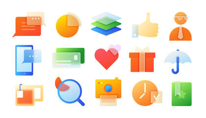 Gradient glass morphism icons. Modern app symbols with blur effect. Colorful and transparent website elements. Interface signs. Digital technology and chatting. Vector illustration set