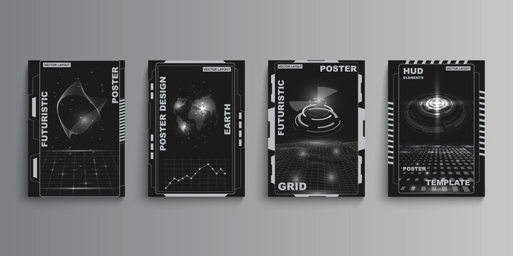 Grunge planet posters. Abstract retro techno world. T-shirt clothing with street style art and slogans. Futuristic design. HUD elements and infographic grids. Vector black banners set