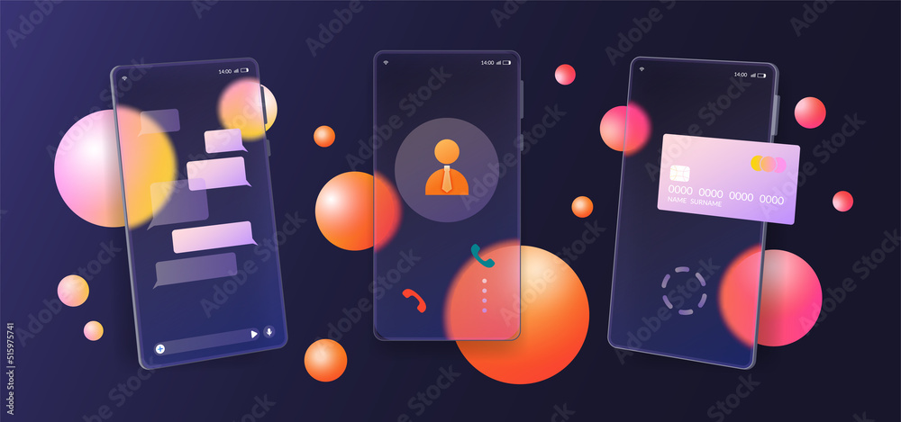 Poster Glass phone app interface. Mobile glassmorphism frames for smartphone. Banking or call transparent UX application design. Messenger UI. Colorful spheres. Phone screens. Vector banner