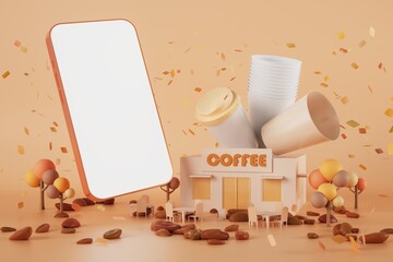 smartphone with a white screen. coffee shop application online. take away buy. online coffee order. 3d illustration. coffee cup menu. Caffe concept. drinking beverage option. autumn brown background.
