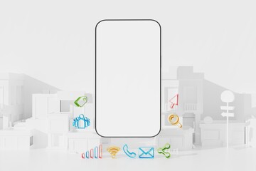 shopping online applications on smartphones. shop app with mobile screen. logo symbol social. 3d illustration. city concept design. white screen copy space. white background. connection design.