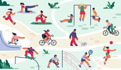 People exercise in park. Outdoor sport training. Characters skateboarding and jogging. Person in yoga asana. Active bicycle or leisure play. Summer groups. Vector workout activities set
