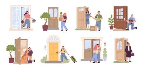 Child leaving home doors. Holiday vacation. Kids go to work or school. People walk with dog. Family return from trip. Delivery to doorway. Couple greeting on porch. Cartoon vector set