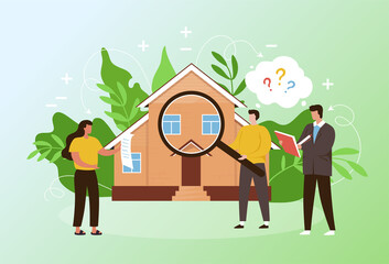 House valuation. Real estate agency. Home appraisal. Finance project for property price. Business magnifier sale infographic. Construction building. Realtors and buyer. Vector concept