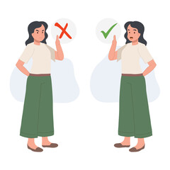 woman holding signboard, Positive and negative signs.true, false,do, don't.flat vector cartoon character illustration.