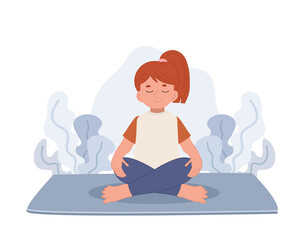 girl meditating in lotus pose.meditation for children.Flat vector cartoon character illustration.