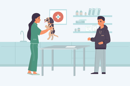 Adopted pets. People taking animals from vet clinics and dog shelter. Happy characters at appointment with veterinarian. Homeless Dalmatian in veterinary hospital. Vector puppies owner
