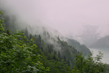 Fototapeta na wymiar Mountain lake in the fog